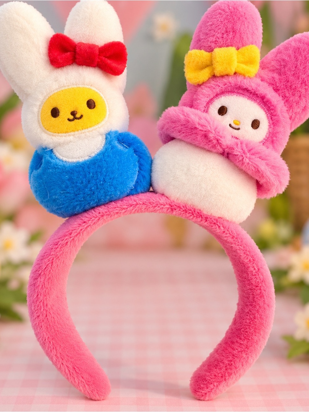 Plush Bunny Character Headband โ Pink with Blue & White Accents